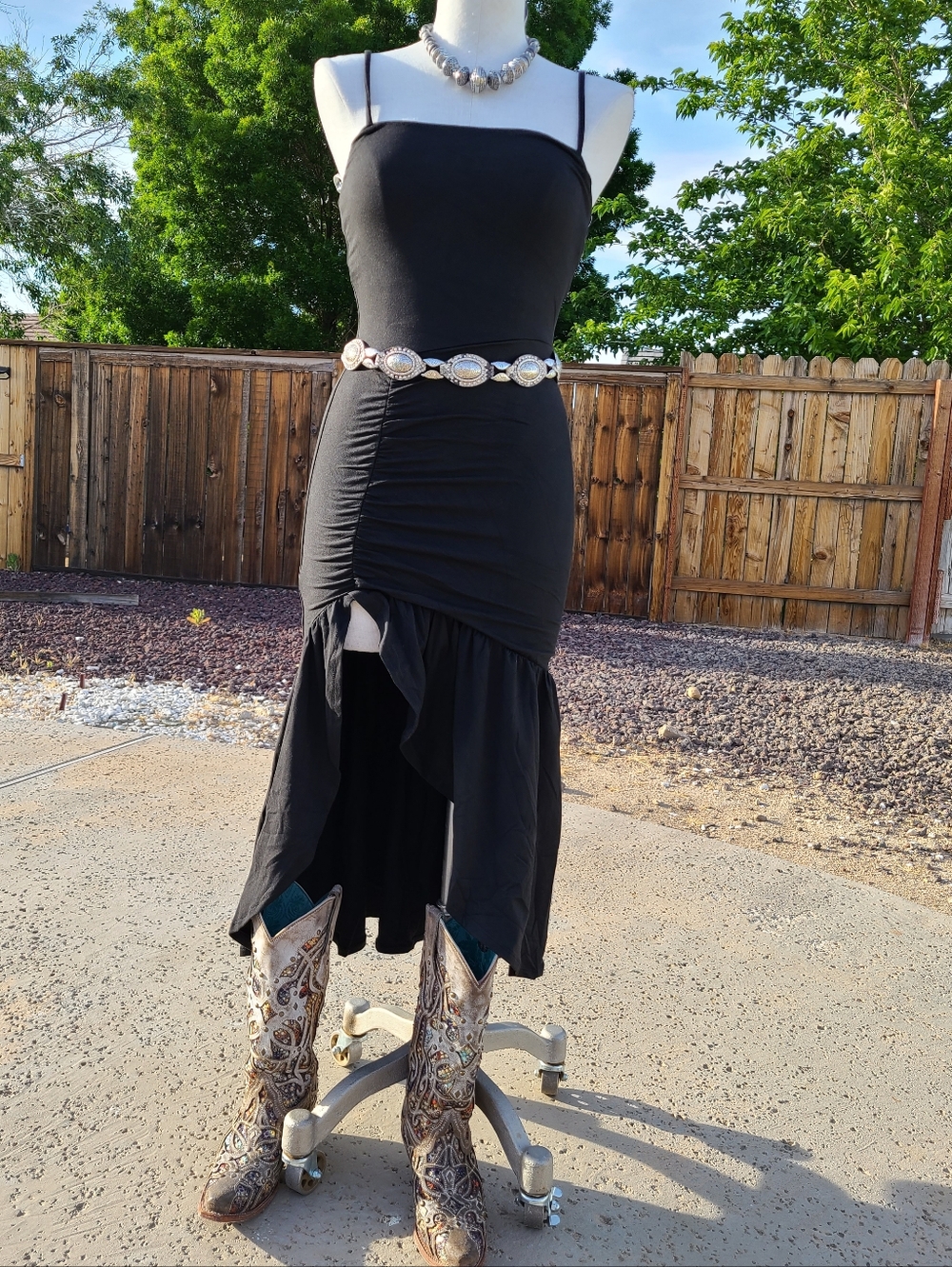 Black High-Low Ruched Midi Dress